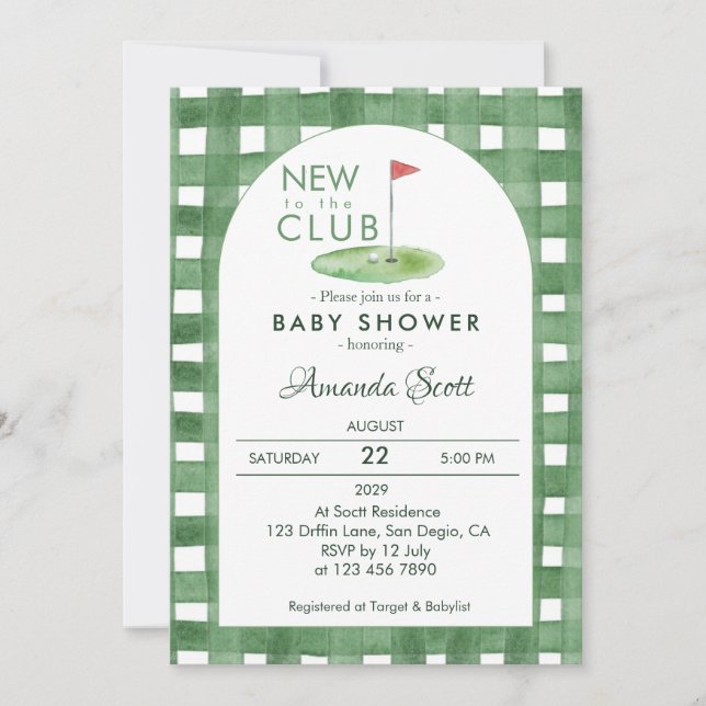Convite Green Gingham New To The Club Golf  Baby Shower   (Frente)