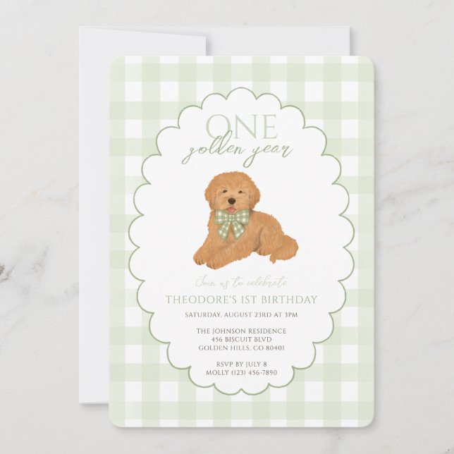 Convite Green Gingham One Golden Year First Birthday Puppy (Frente)