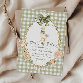 Convite Green Gingham One Silly Goose 1st Birthday