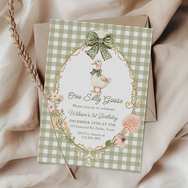 Convite Green Gingham One Silly Goose 1st Birthday (Criador carregado)