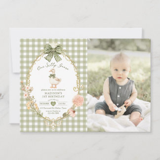 Convite Green Gingham One Silly Goose 1st Birthday Photo