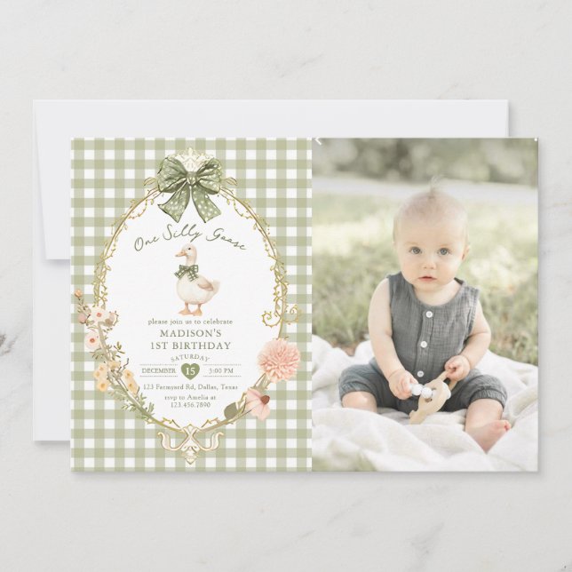 Convite Green Gingham One Silly Goose 1st Birthday Photo (Frente)