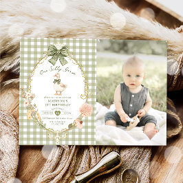 Convite Green Gingham One Silly Goose 1st Birthday Photo