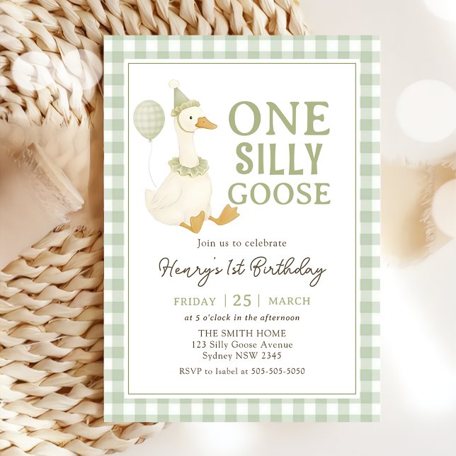 Convite Green Gingham One Silly Goose Birthday Invitation (Criador carregado)