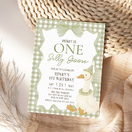 Convite Green Gingham Silly Goose 1st Birthday Invitation