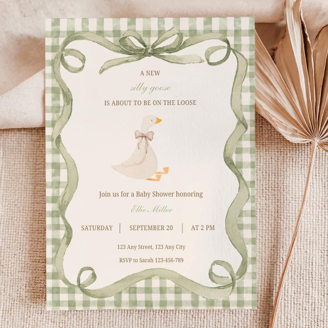 Convite Green Gingham Silly Goose Baby Shower Invitation  (Criador carregado)