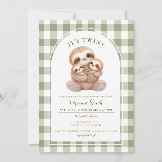 Convite Green Gingham Twin Sloth Baby Shower Invitation (Frente)