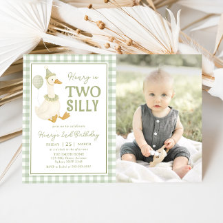 Convite Green Gingham Two Silly Goose Birthday Invitation