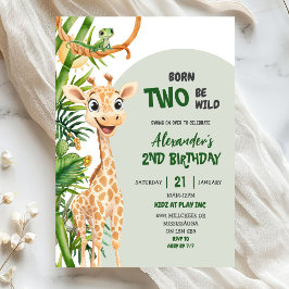 Convite Green Giraffe Born Two Wild Safari Second Birthday