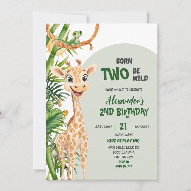 Convite Green Giraffe Born Two Wild Safari Second Birthday (Frente)