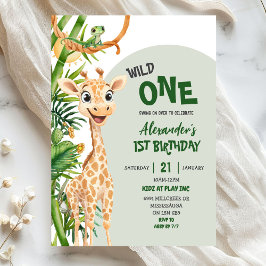 Convite Green Giraffe Wild One Safari First Birthday