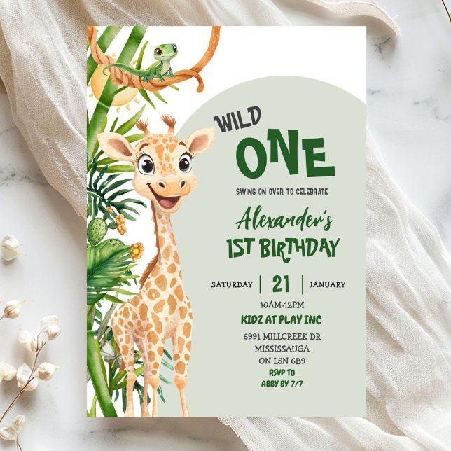 Convite Green Giraffe Wild One Safari First Birthday (Criador carregado)