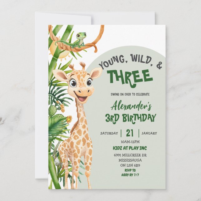 Convite Green Giraffe Young Wild Three Third Birthday (Frente)