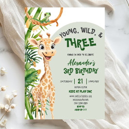 Convite Green Giraffe Young Wild Three Third Birthday