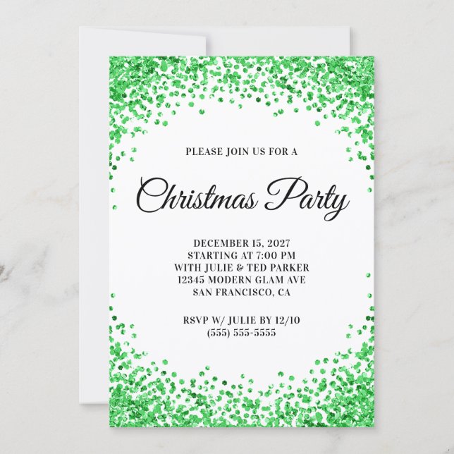 Convite Green Glitter Border White Christmas Party (Frente)