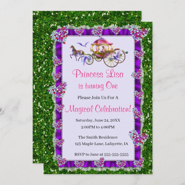 Convite Green Glitter Royal Princess Birthday (Frente/Verso)