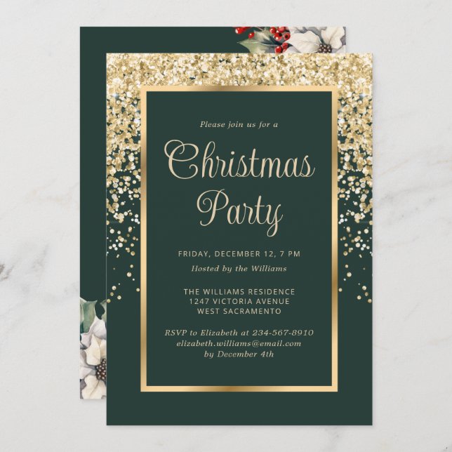 Convite Green Gold Confetti Botanical Christmas Party (Frente/Verso)