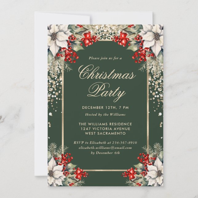 Convite Green Gold Confetti Holly Berries Christmas Party (Frente)