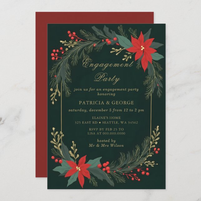Convite Green Gold Floral Christmas Engagement Party (Frente/Verso)