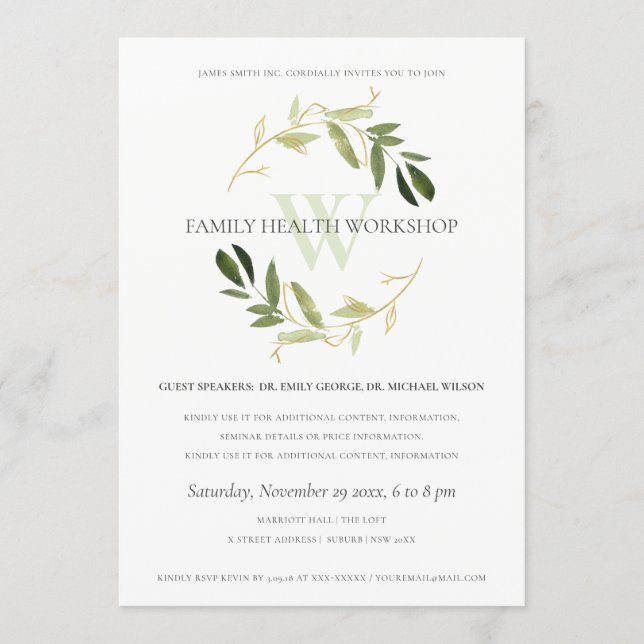 Convite Green Gold Foliage Wreath Workshop Event (Frente)