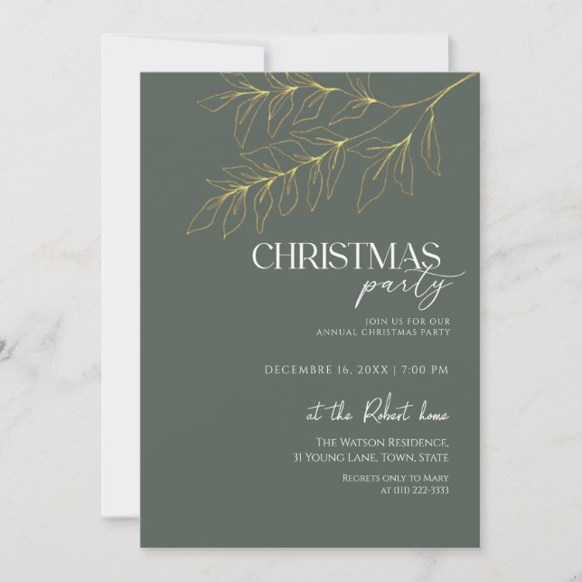 Convite Green & Gold Leaf Christmas Party  (Frente)