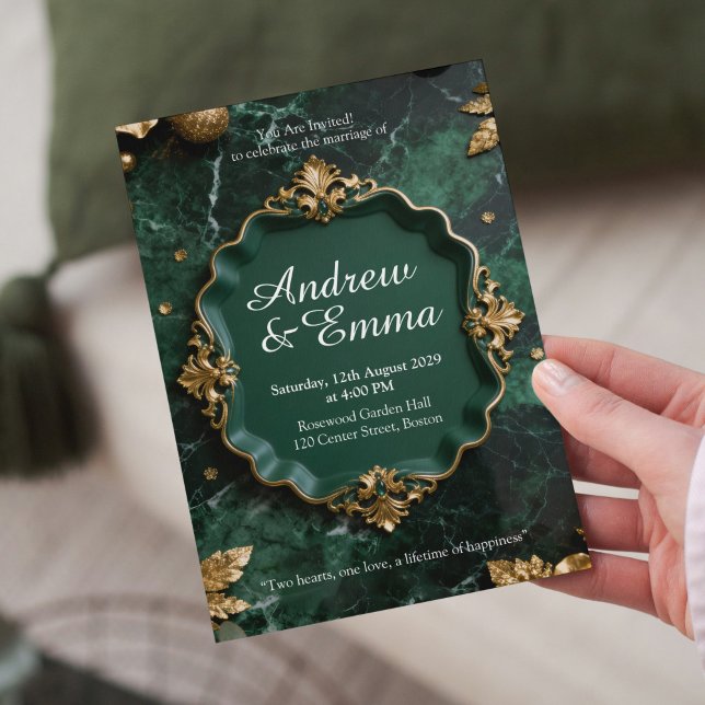 Convite Green Gold Marble Wedding Invitation (Criador carregado)