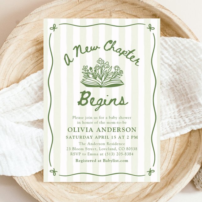 Convite Green Hand Drawn A New Chapter Begins Baby Shower (Green Hand Drawn A New Chapter Begins Baby Shower Invitation)