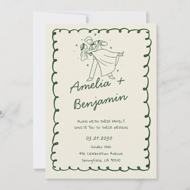 Convite green hand drawn couple Whimsical Wedding  (Frente)