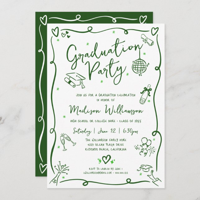Convite Green Hand Drawn Doodle Graduation Fun White Party (Frente/Verso)