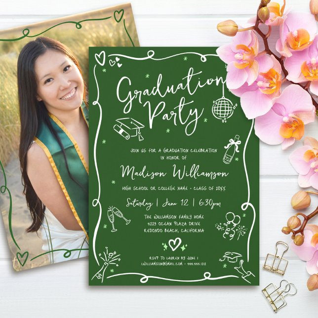 Convite Green Hand Drawn Doodles Photo Graduation Party (Criador carregado)