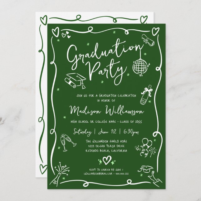 Convite Green Hand Drawn Doodles Style Graduation Party (Frente/Verso)