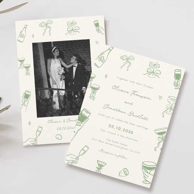 Convite Green Hand Drawn Quirky Wedding (Criador carregado)