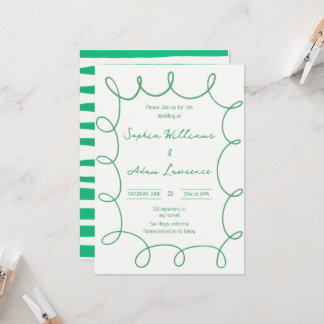 Convite Green Hand Written Pinstripe Whimsical Wedding