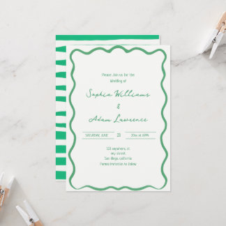 Convite Green Hand Written Pinstripes Whimsical Wedding