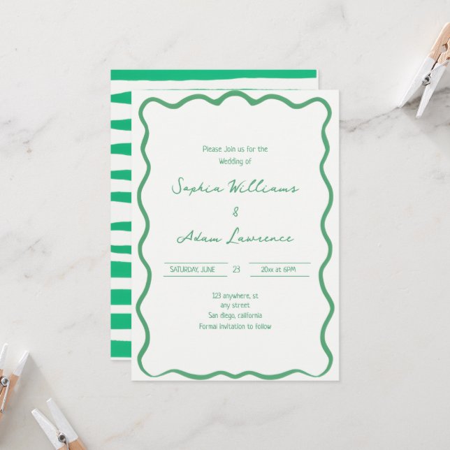Convite Green Hand Written Pinstripes Whimsical Wedding (Frente/Verso In Situ)