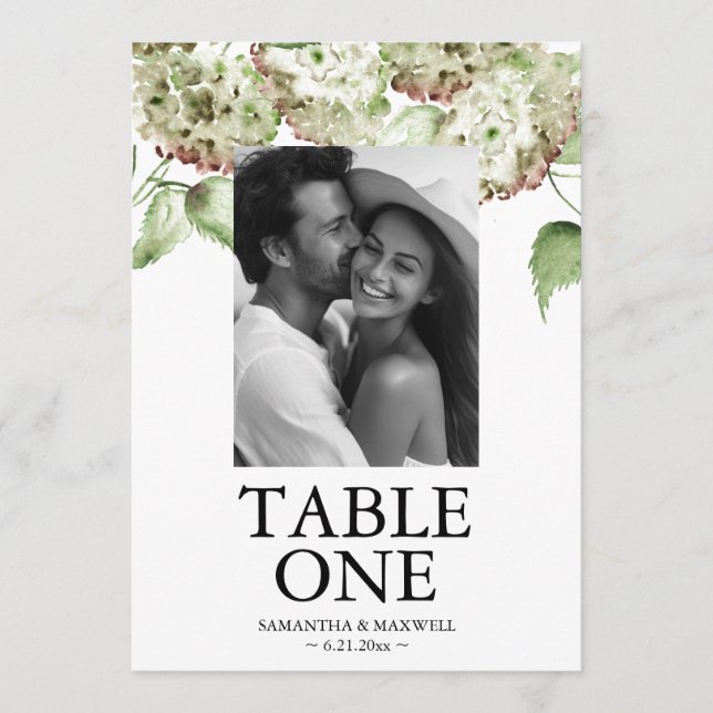 Convite Green Hydrangea Wedding Photo Table Number Cards (Frente)