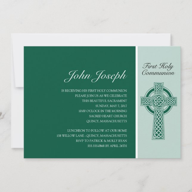 Convite Green Irish Cross First Santa Comunhão (Frente)