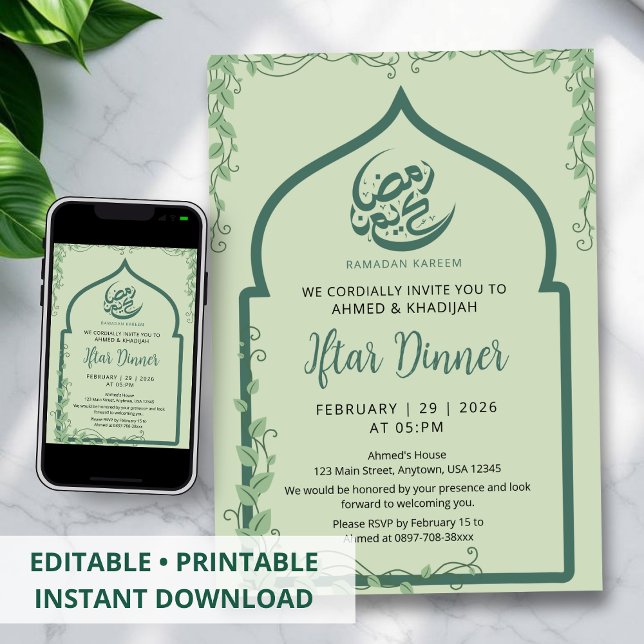 Convite Green Islamic Arch Vine Ramadan Iftar Invitation (Criador carregado)