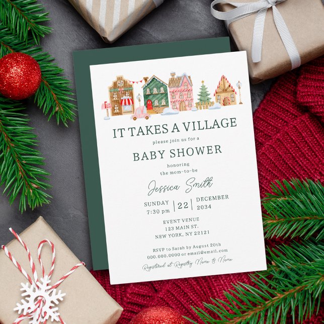 Convite Green It Precisa De Um Chá de fraldas De Natal Na  (Green It Takes A Village Christmas Baby Shower Invitation
)
