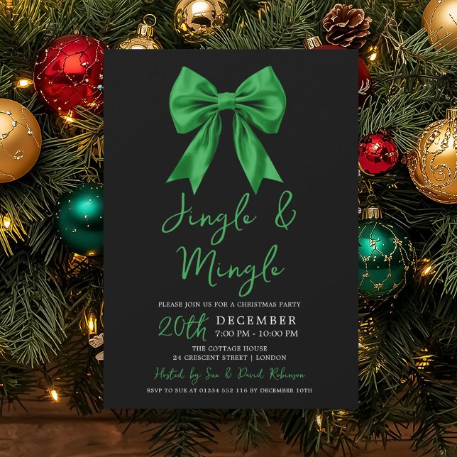 Convite Green Jingle & Mingle Christmas Party Bow Black  (Green Jingle & Mingle Christmas Party Bow Black Invitation)