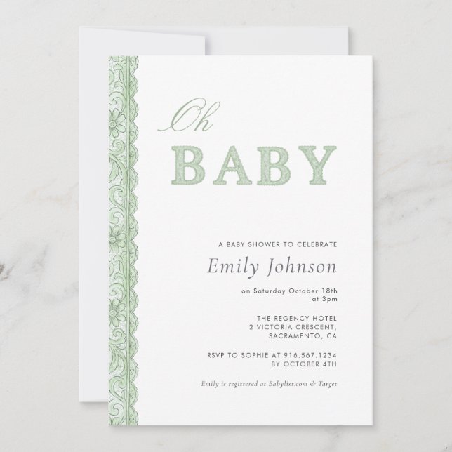 Convite Green Lace Gender Neutral Baby Shower Invitation (Frente)