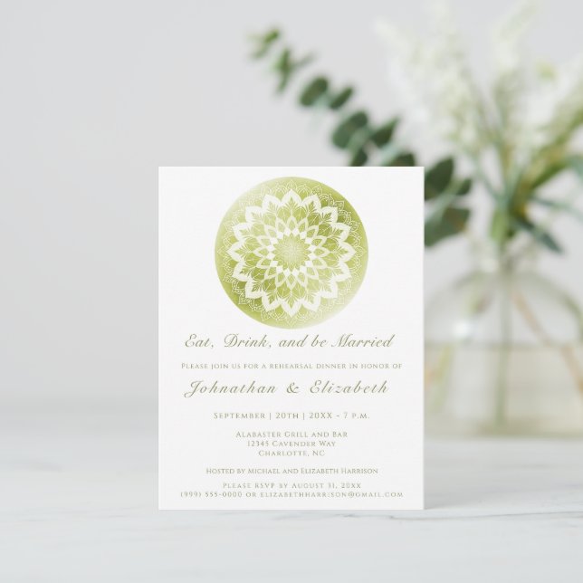 Convite Green Lace Mandala Rehearsal Dinner (Em pé/Frente)