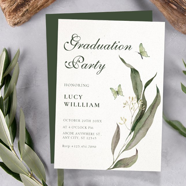 Convite Green leaf Aesthetic elegant graduation  (Criador carregado)