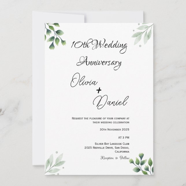 Convite Green Leaf' Standard 10th Wedding Anniversary  (Frente)