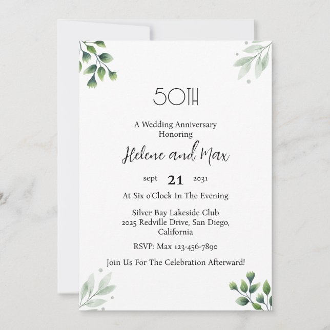 Convite Green Leaf' Standard 50th Wedding Anniversary  (Frente)