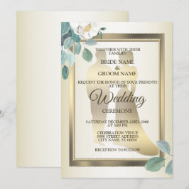 Convite Green Leaves Flower Golden Frame Elegant Wedding