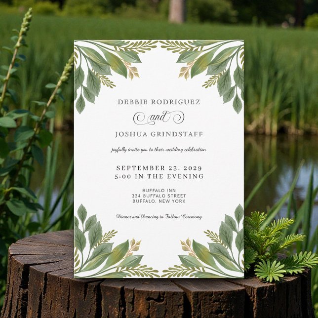 Convite Green Leaves Greenery Wedding Invitation  (Criador carregado)