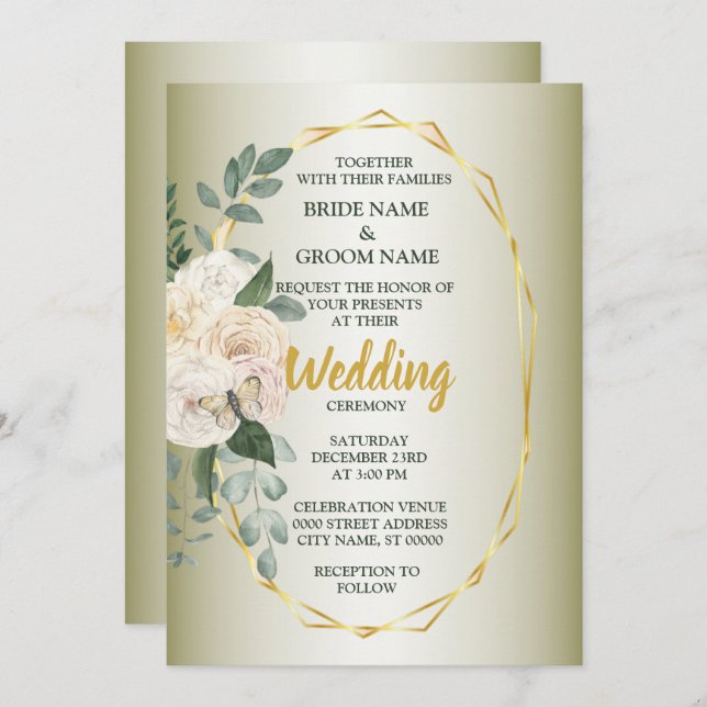 Convite Green Leaves Pink Floral Golden Geometric Wedding (Frente/Verso)