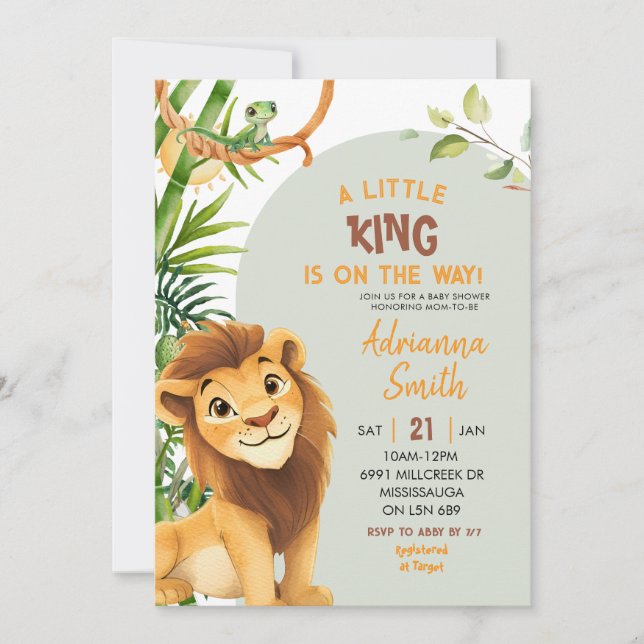 Convite Green Lion Little King On The Way Baby Shower (Frente)