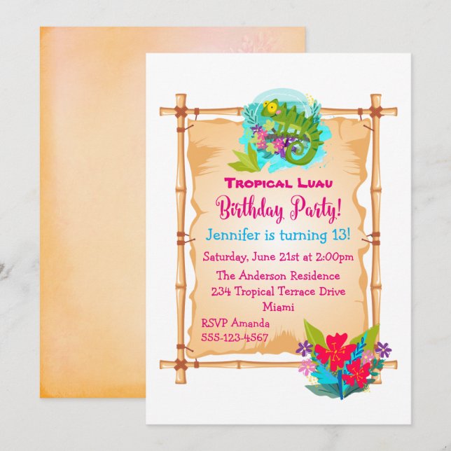 Convite Green Lizard Tropical Luau Birthday Invite (Frente/Verso)